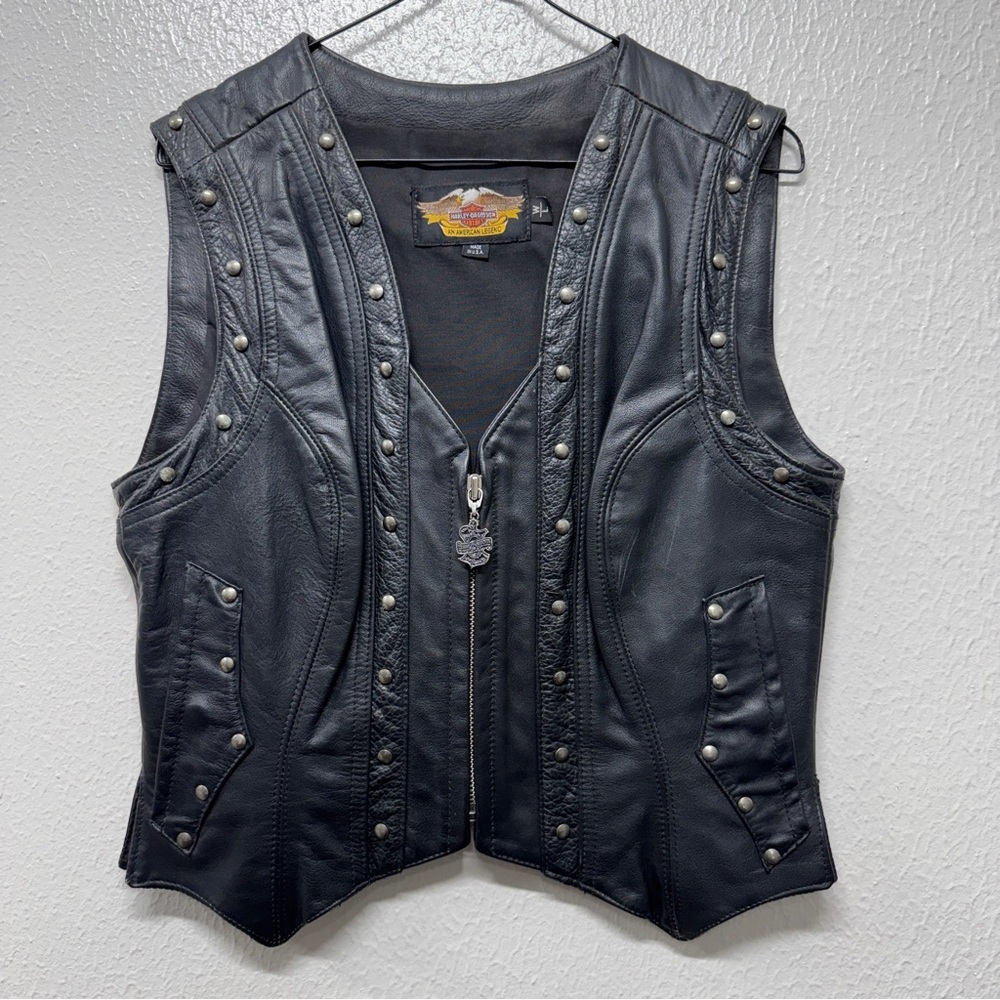 Women's H.D. Black Studded Leather Vest - Motorcycle Style